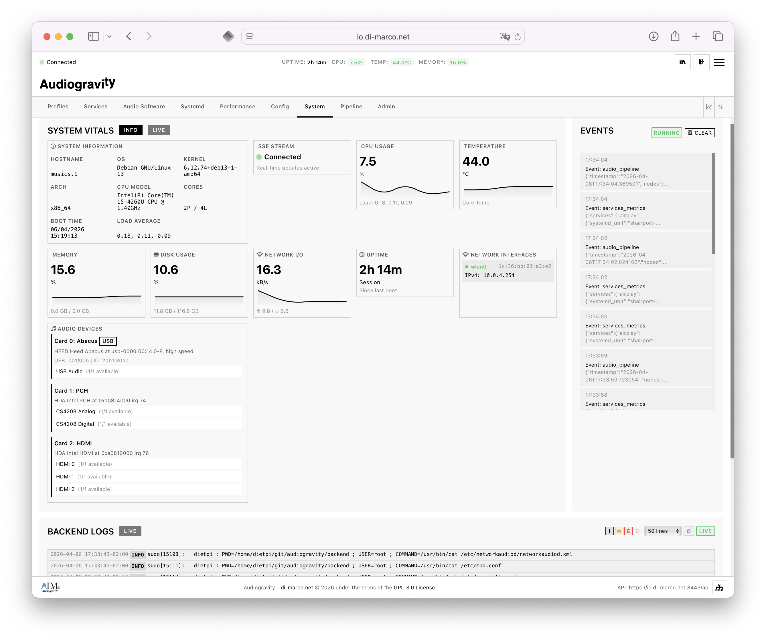Audiogravity System Dashboard and Host Health Monitoring